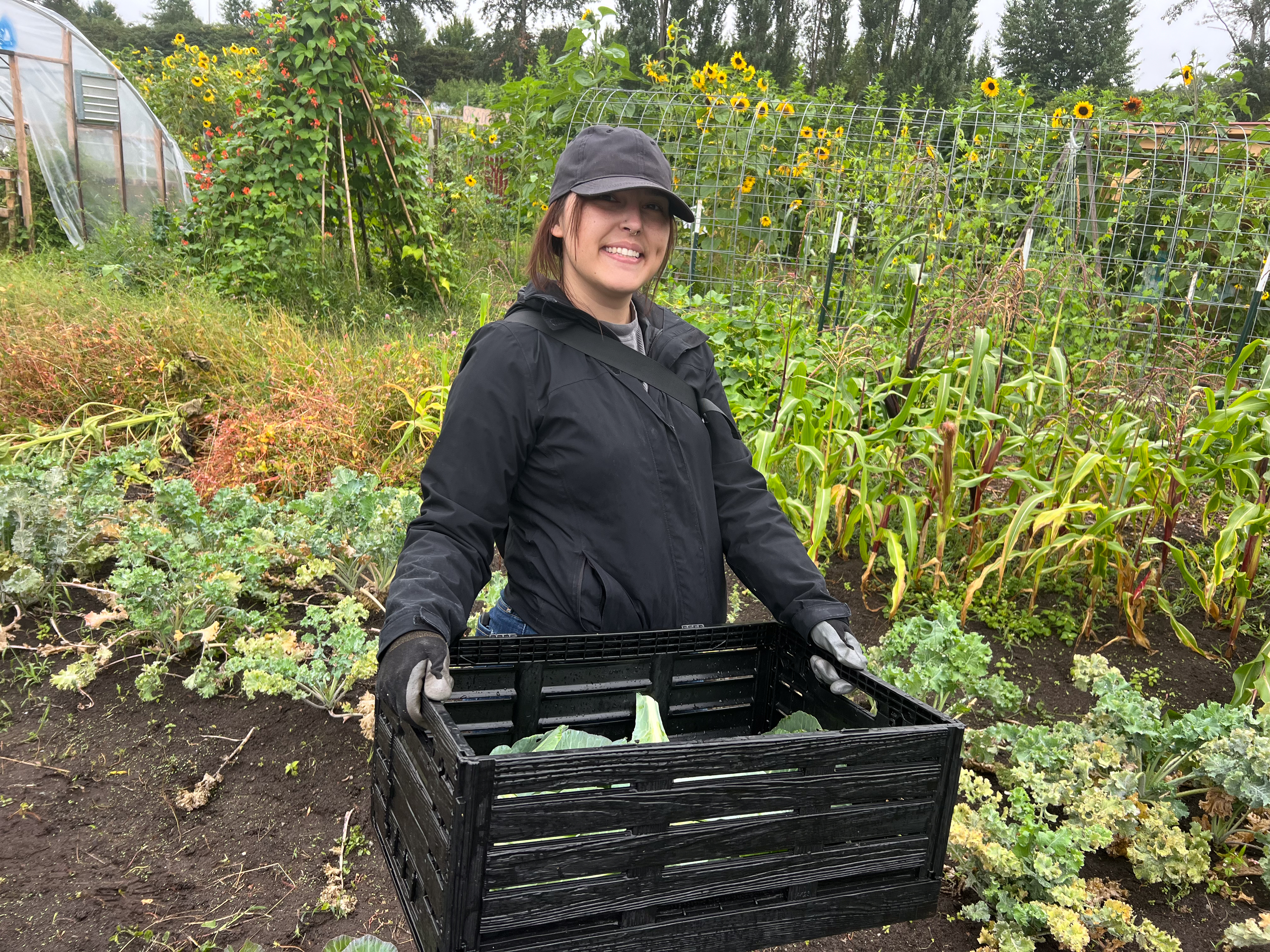 A woman in a black baseball hat and black jacket holds a crate of vegetable while standing in a garden.