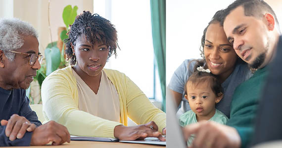 Left side: An older man and young woman look at a laptop on a table. Right side: Mom and dad with a disabled baby smile looking at a laptop.