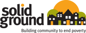 Solid Ground's black, orange and olive green logo with the tagline: Building community to end poverty.