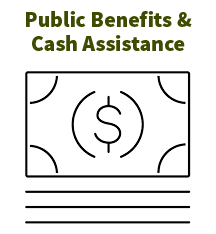 Graphic of a stack of dollars under forest green text reading: Public Benefits & Cash Assistance.