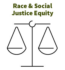 Graphic of weights and balances under forest green text reading: Race & Social Justice Equity.