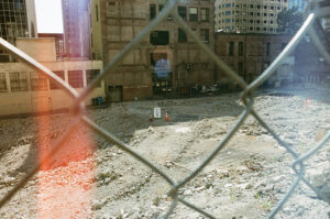 Black and white photo of a sunken construction site