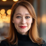 Headshot of a smiling woman with brown hair wearing a black turtleneck.