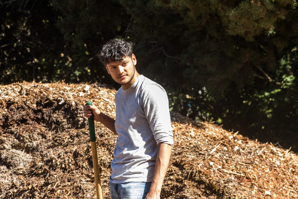 Volunteers shovel mulch from a giant pile into wheelbarrows to cart away.