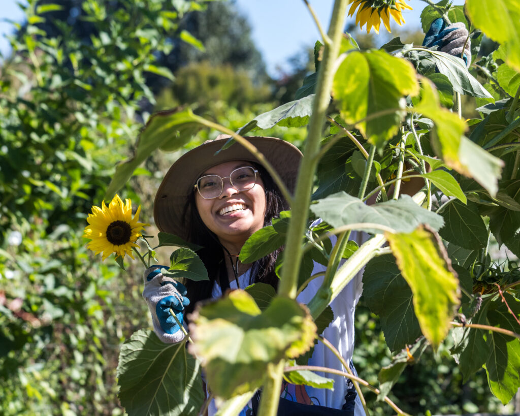 A woman in a sunhat and glasses smiles from behind a tall sunflower.