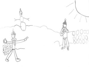 A child's black-and-white drawing of two kids in a snowball fight near a snowman on a sunny day.