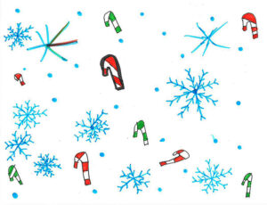 A child's drawing of blue snowflakes and red-and-white and green-and-white candy canes.