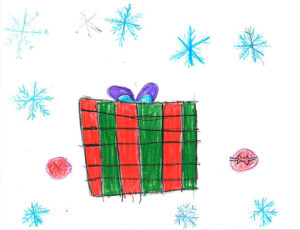 A child's drawing of a red and green wrapped present with a purple bow surrounded by blue snow flakes and red ornaments.
