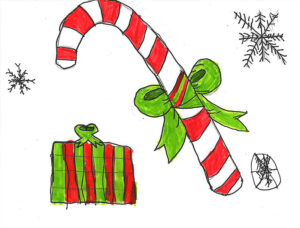 A child's illustration of a candy cane in a bow, snow flakes, and a green and red package.