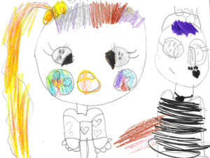 A colorful child's illustration of a girl with a long pony tail and a boy with purple hair.