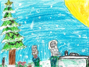 A child's drawing of two people under a pine tree and a blue, snowy sky.