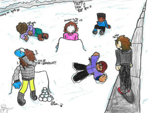 A colorful illustration of kids playing in the snow, some making snow angels and others engaging in a snowball fight.