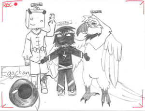 A detailed sketch of three friend standing together, one of themn with a block-shaped head and another with the body of a bird.