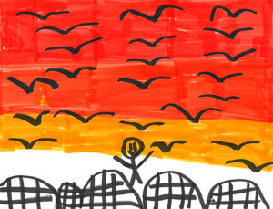 A child's drawing of a red and orange sunset behind a sky filled with birds over a single stick-figure person.