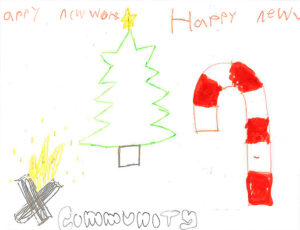 A child's drawing of a candy cane, christmas tree with a star, a campfire, and the words "Happy New Year" and "community."