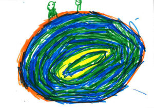A children's drawing of a circle representing the earth filled with rings of blue, green, orange, and yellow, with two stick-figure people standing on it.